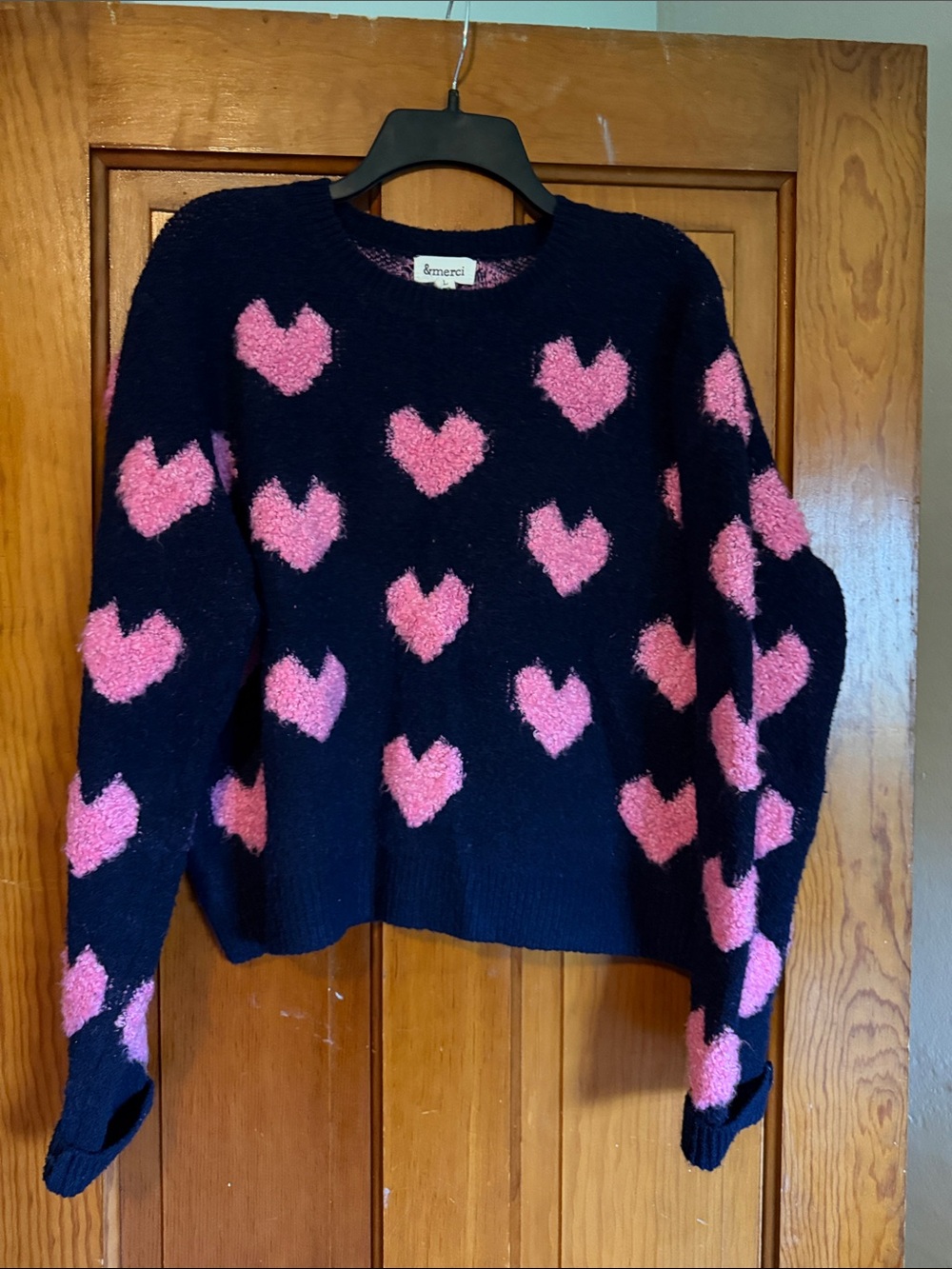 Navy Sweater with Pink Heart Pattern